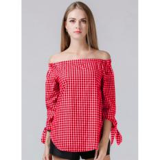 Sabrina kotak nana merah RSQ Baju Blouse Sabrina Top Atasan Wanita motif kotak / off The Shoulder / Baju Sepundak / Sabrina 3/4 Santai kasual boxx