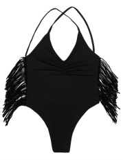 [Penjualan Di Breakdown HARGA YANG TERBAIK UNTUK Maya Diskon Besar Polos Ruched Fringe Silang Belakang Tanpa Bagian Belakang Satu Kepingan Baju renang (Hitam) -Internasional