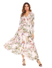 Penjualan Baru ASTAR Wanita Bohemian Selendang Leher Lengan Panjang Floral Tombol Depan Split Maxi Beach Dress (Hitam) -Intl