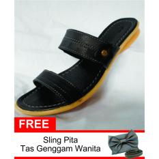 Sandal Kulit Asli wanita Motif Bunga Minimalis - Hitam/Black