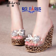Sandal Selop Wedges Wanita Bling Crystal Coklat - Leopard Mika R2