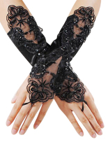 Sanwood® Pengantin Gaun Pernikahan Satin Renda Sarung Tangan Tanpa Jari Pearl Hitam