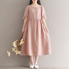 Seni Dan Kain Linen Lengan Pendek Musim Panas Yang Asli Gaun (Merah Muda Tua) baju wanita dress wanita Gaun wanita