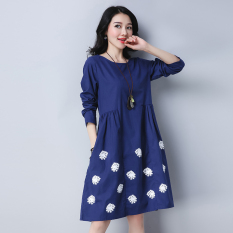 Gaun Wanita Warna Merah/Abu-Abu/Biru Lengan Panjang Motif Cetak Katun Linen Longgar (Biru) baju wanita dress wanita Gaun wanita