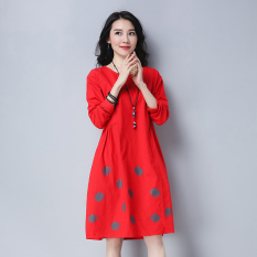 Gaun Wanita Warna Merah/Abu-abu/Biru Lengan Panjang Motif Cetak Katun Linen Longgar (Merah) baju Wanita Gaun Wanita Gaun Wanita