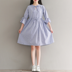 Gaun Wanita Hemline Besar Garis-Garis Bertali Bahan Katun Elegan (Biru bar) baju wanita dress wanita Gaun wanita