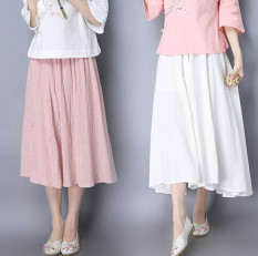 Sastra Sepatu Linen Elastis Setengah Panjang Setengah Badan Rok Rok Berbentuk Huruf Sebuah (Merah Muda) Baju Wanita Rok