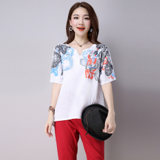 Sastra Sepatu Linen Warna Solid Cetak T-shirt (Putih) baju wanita baju atasan kemeja wanita