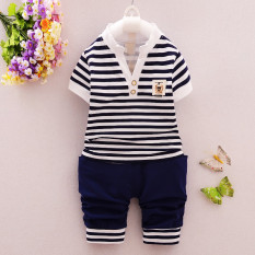 Sayang Kasual Anak Katun Lengan Pendek Pria Dan Wanita Set (Biru Tua)