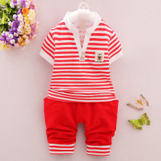 Sayang Kasual Anak Katun Lengan Pendek Pria Dan Wanita Set (Merah)
