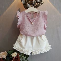 Sayang Korea Fashion Style Lengan Berdiri Sifon Vest Atasan Gadis Set (Pucat Merah Muda Abu-abu)