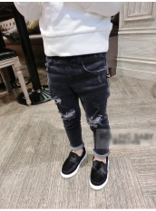 Sayang Korea Fashion Style Tipis Pria Dan Wanita Anak Celana Panjang Celana Jeans Sobek (Hitam)