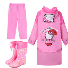 HELLO KITTY Jas Hujan Children Sepatu Bot Hujan Sayang Lebih Tebal Non-slip (Kt Kucing Tas sedikit Jas Hujan + Celana + Sepatu Bot Hujan + Kapas Tumpang Sari)