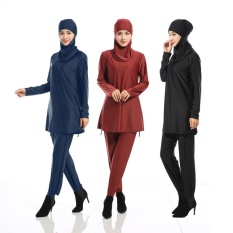 SDP Muslim Swimwear Swimsuits Islam untuk Muslima Tertutup Swimsuits Burkini Lengan Panjang Beach Wear Plus Ukuran S-4XL (navy Biru) -Intl