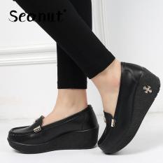 Seanut Wanita Asli Sepatu Kulit Lereng dengan Slip-On Loafers Flatform Sepatu (hitam)-Intl
