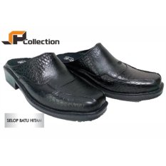 JAFERI Sendal Selop Motif Batu Kulit Sapi Asli Warna Hitam Cocok Untuk Hangout, Pesta, Dan Di Segala Acara