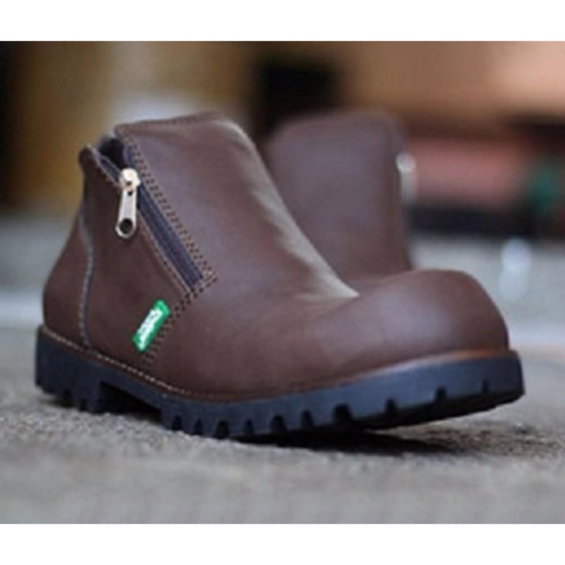 Sepatu Boots Safety Kickers Resleting Pria - Warna Coklat / Ujung Besi / Sepatu Pria / Sepatu Safety 