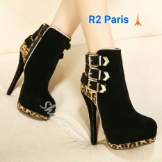 Sepatu High Heels Leopard 3 Zipper Hak 10cm Hitam - Zaneti R2