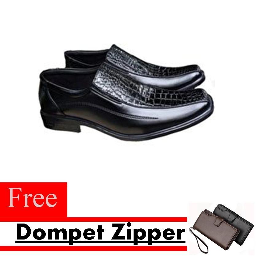 Sepatu Kerja Pria Kantor Pantofel Kulit Sintetis Model Kombinasi Kulit Buaya Free Dompet Zipper - Hitam