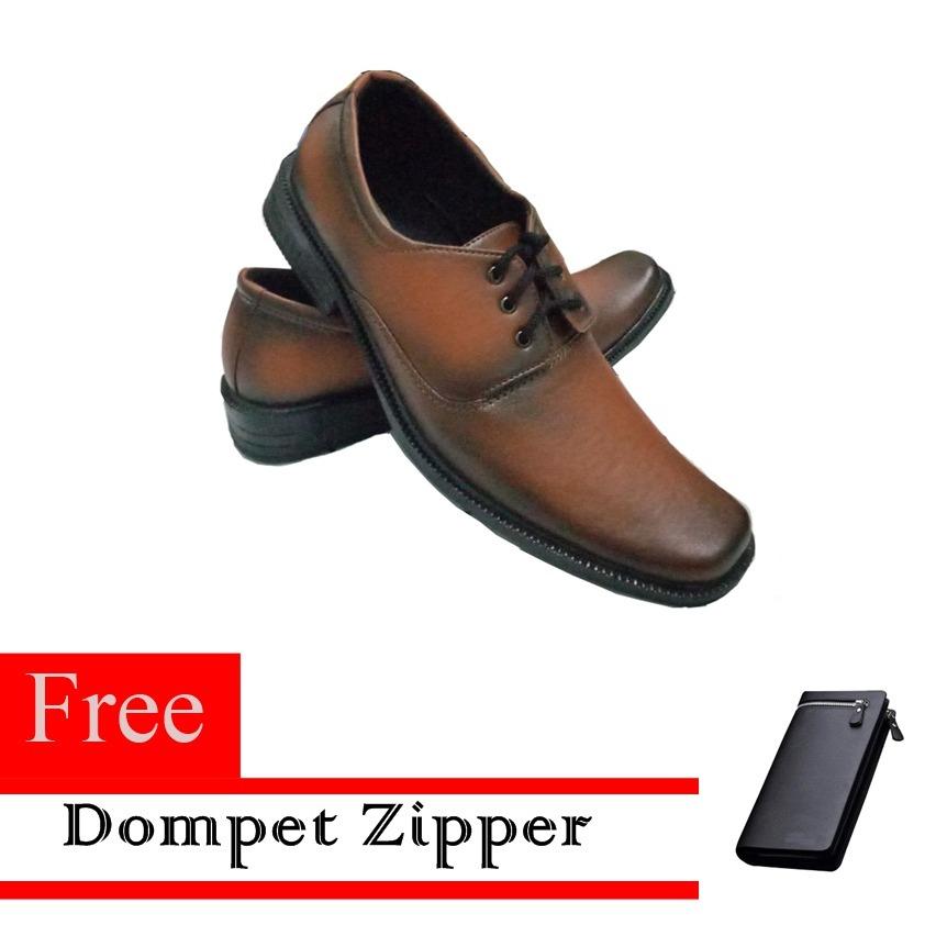  Sepatu Kerja Pria Kantor Pantofel Kulit Sintetis Model Tali Free Dompet Zipper Resleting - Coklat