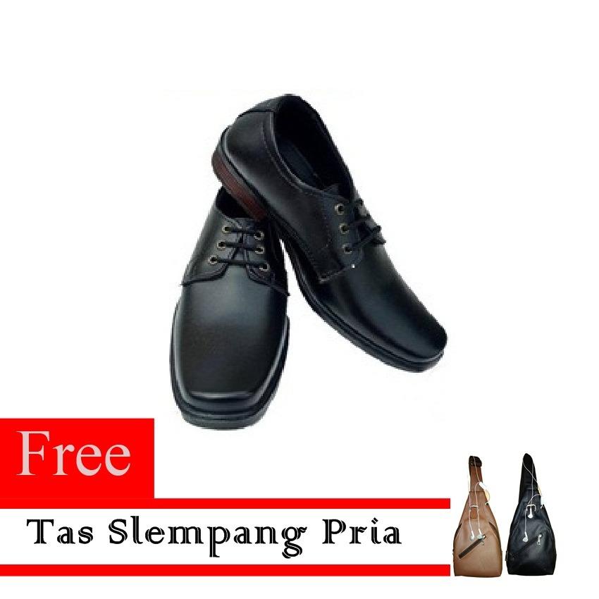 Sepatu Kerja Pria Kantor Pantofel Kulit Sintetis Model Tali Free Tas Selempang - Black 