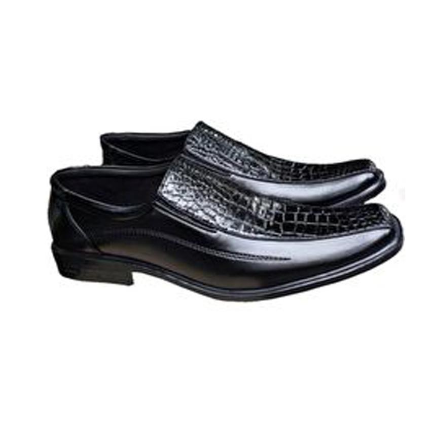 Sepatu Kulit Pria Pantofel Formal Kerja Kantor Kombinasi Kulit Buaya - Hitam  