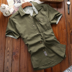 Medan Perang Atasan Sepatu Linen Kemeja Pria Kasual Kain Linen Warna Polos Pria (Hijau Tentara)