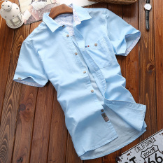 Medan Perang Atasan Sepatu Linen Kemeja Pria Kasual Kain Linen Warna Polos Pria (Biru Muda)
