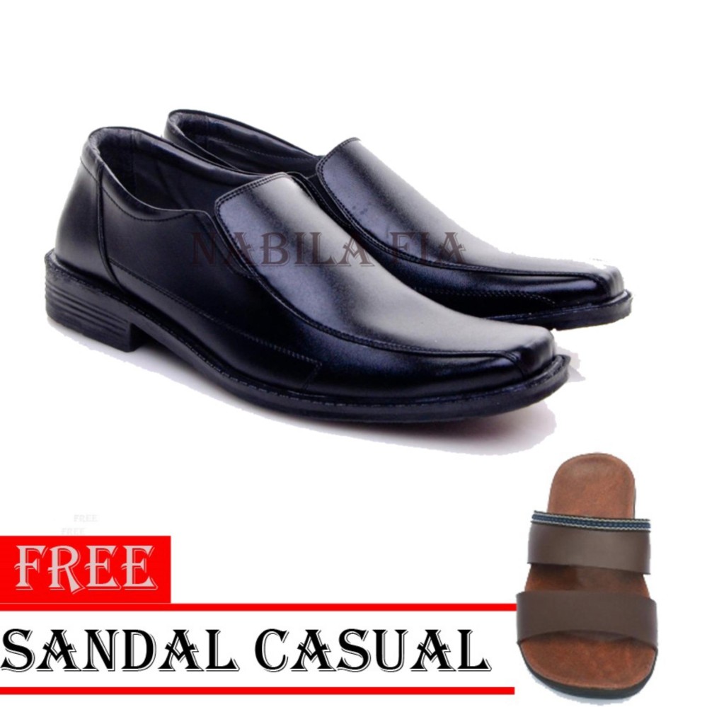 Sepatu Pria Untuk Kerja Kantor Kulit Sintetis - Black Free Sandal Casual 