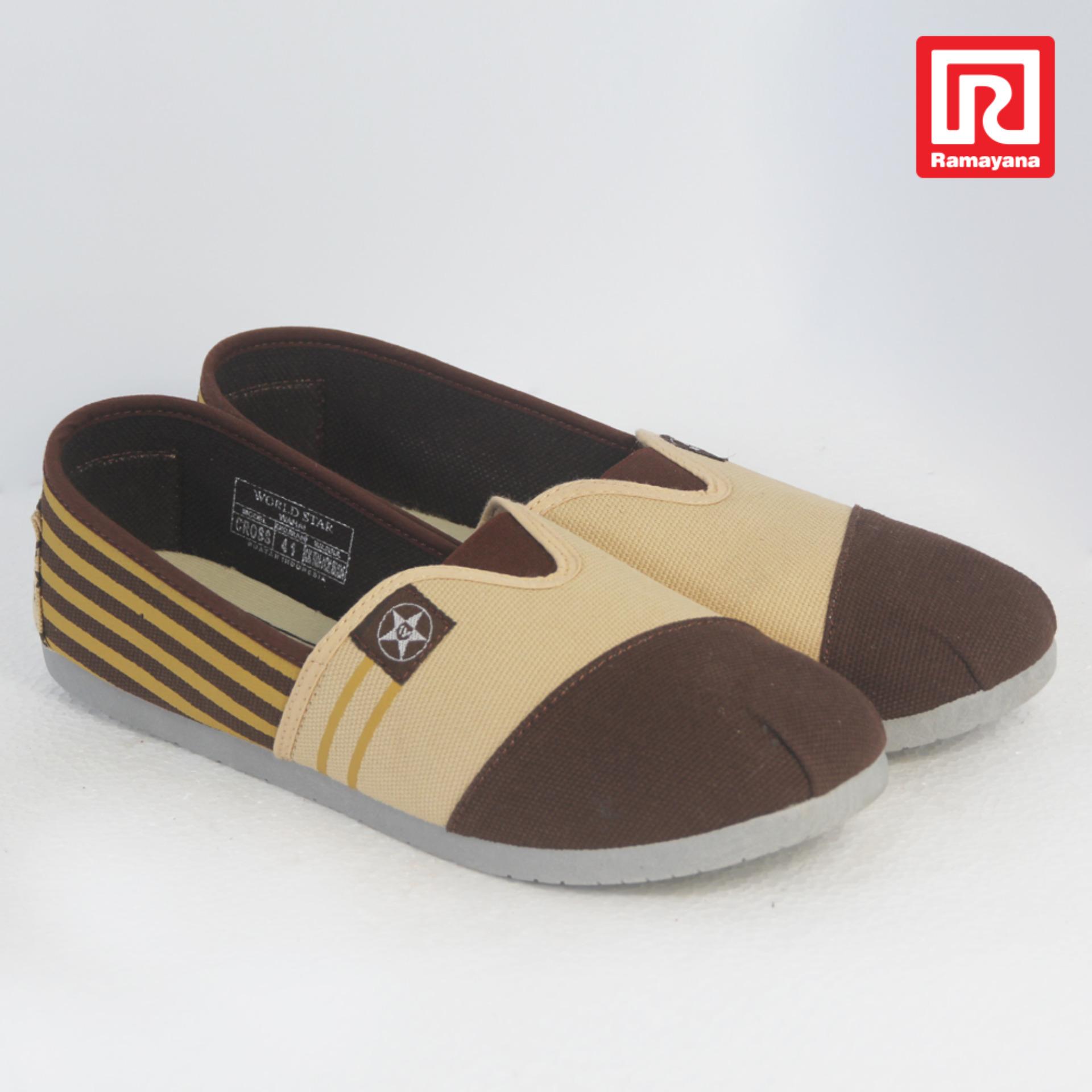 Ramayana - Worldstar - Sepatu Slip On Pria Motif Garis Kain Kanvas Coklat Tua Kombinasi Coklat Muda Worldstar (07971266)