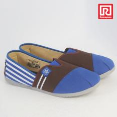 Ramayana - Worldstar - Sepatu Slip On Pria Motif Garis Kain Kanvas Warna Biru Kombinasi Coklat Tua Worldstar (07971238)