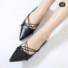 Sepatu wanita flat shoes hitam balet tali silang baru murah