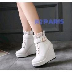 Sepatu Wedges Boots Wanita Brukat Putih - Trinca R2