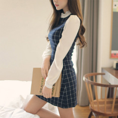 Seratus Su 8l5bswm Korea Fashion Style Musim Semi Dan Musim Panas Lengan Panjang Kotak-kotak Perempuan Gaun (Biru Tua) baju wanita dress wanita Gaun wanita