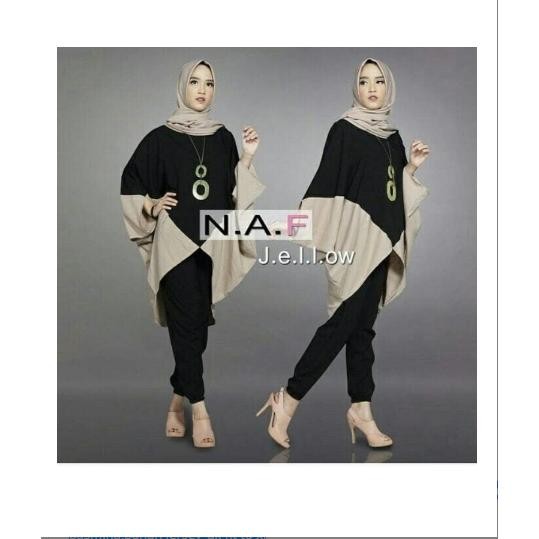 set baju muslim jellow batwing 3in1 hitam fashion stelan baju wanita