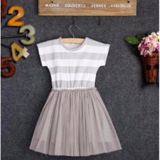 Sexe Mara Gadis GAUN MINI Ikatan Simpul Anak Fashion Anak Lengan Pendek Bergaris Rok (Abu-abu)-Intl