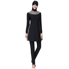 Sexy Leopard Islam Swimsuit Black Full Cover Hijab Sederhana Swimwears Burkini untuk Muslim Wanita Perempuan-Intl