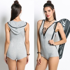 Seksi Wanita Renda Leher V Tanpa Lengan Hooded Terusan Kurus Baju Monyet-Internasional