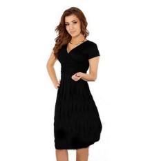 Sexy Wanita Hamil Maternity V-Neck Slim Bodycon Lengan Pendek Stretch Wrap Dasar Gaun (Hitam)-Intl