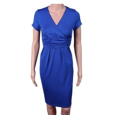 Sexy Wanita Hamil Maternity V-Neck Slim Bodycon Lengan Pendek Stretch Wrap Dasar Gaun (Biru)-Intl