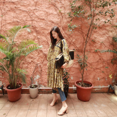 Sama Model With Artis Produk Baru Cetak Lengan Panjang Korea Gaya Busana Gaun (Kuning Suihua)