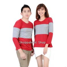 Shoppaholic Shop Baju Couple Stripe Two Tone - Merah / Kaos Oblong / Kaos Pasangan / Kaos Couple / Pakaian Kembar / Baju Muslim Wanita / Baju Muslim Pria / Couple