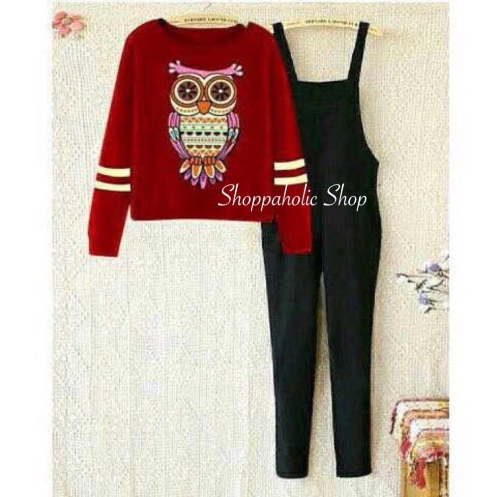 Shoppaholic Shop Jumpsuit Wanita Owl + Free Inner - Merah / Jamsuit Wanita / Jamsuit / Setelan Wanita / Celana Panjang Wanita / Baju Setelan Baju Kodok