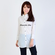 Shoppaholic Shop Kemeja Wanita Qiera Button - Putih / Kemeja Formal Wanita / Kemeja Kerja Wanita / Long Hem Wanita / Atasan Wanita / Kemeja Casual Wanita / Kemeja Garis Wanita / Kemeja Salur Wanita / Kemeja Cewek / Momon / Owl