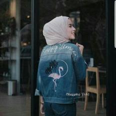 Shopping Yukz Jaket Jeans Wanita Flamingo - DARK BLUE ( Kualitas Premium) / Jaket Wanita / Jaket Denim / Jeans Jacket / Baju Muslim / Jaket Muslimah / Outer Muslim / Luaran Muslim