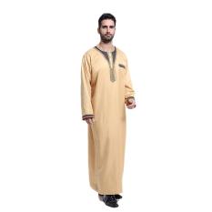 Kecil Wow Pria Lengan Panjang Kaftan Jahitan Kontras Warna Kapas Ankle Panjang Jubahs Kuning-Intl