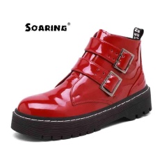 Melonjak 2017 Kulit Baru Buckle Women Martin Sepatu Bot Musim Dingin Gothic Punk Round Toe Platform Ankle Motor Boots Sepatu Kasut Musim Sejuk (Merah) -Intl
