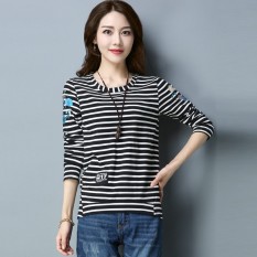 Lagu Rui Wanita Baru Ukuran Besar Pencetakan Baju Dalaman Lengan Panjang Lengan Bergaris Kaos (Hitam Lengan Bergaris)