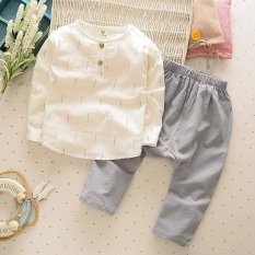 Musim Semi dan Musim Gugur Boy Linen Suit Kecil dan Menengah Anak's Bayi T-shirt Lengan Panjang + Celana Dua Piece 90 Cm-130 Cm (Abu-abu) -Intl