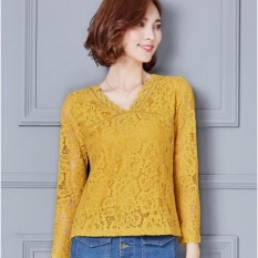 Musim Semi Musim Gugur Wanita Terbaik Seksi Ramping Renda Merenda Berongga Panjang Sleeveshirt Kasual V Leher Plus Ukuran Renda Blus (Kuning) -Internasional
